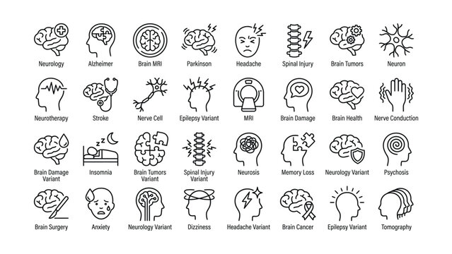Medical Neurology Icons Showing Brain Disorders and Related Health Concepts