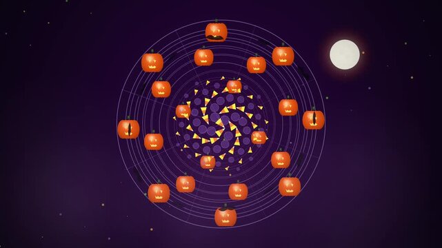Glowing Halloween pumpkin mandala forming hypnotic geometric spiral with full moon on dark purple night sky