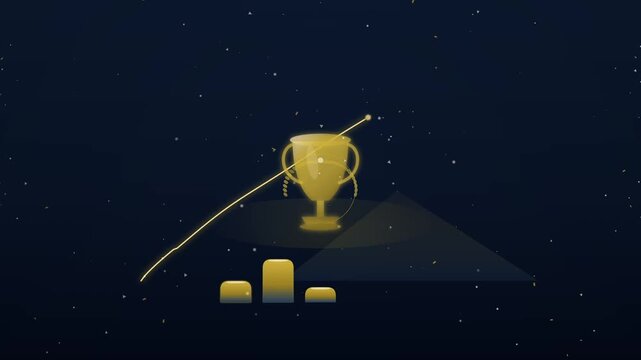 Golden trophy award on rising bar chart with glowing growth line on dark starry sky business achievement
