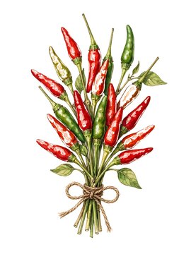Realistic watercolor birds eye chili cabe rawit bunch isolated on white background