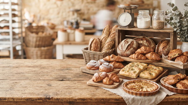 Freshly baked bread, croissants, focaccia, and apple tart on wooden table