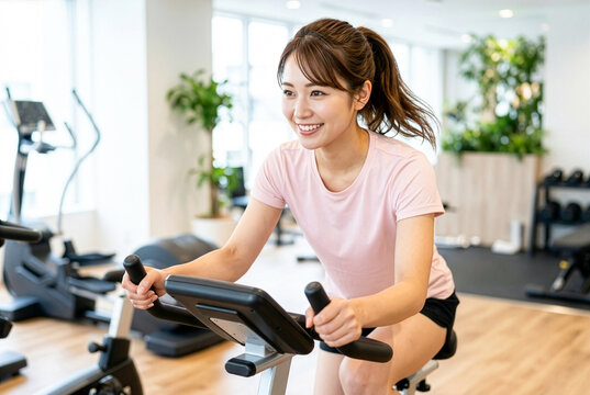 ジムでエアロバイクを使い笑顔で有酸素運動する日本人女性｜フィットネス・トレーニング・ダイエットのシーン