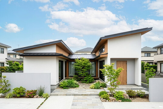 中庭を囲む白壁と木質デザインのコの字型住宅｜注文住宅・一戸建て・モダン建築のイメージ