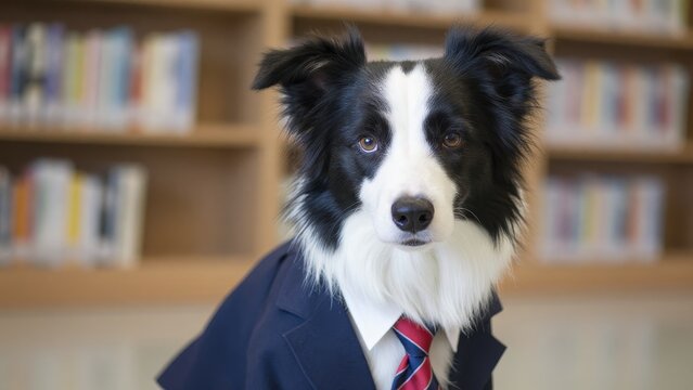 Dog in Suit Sitting in Library, Smart Look, Professional Style