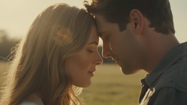 Romantic couple sharing a tender moment in golden hour sunlight