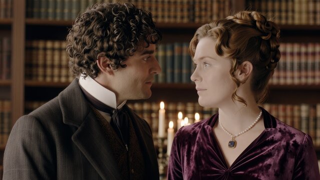 Romantic Encounter Between Two Elegant Individuals in Historical Setting
