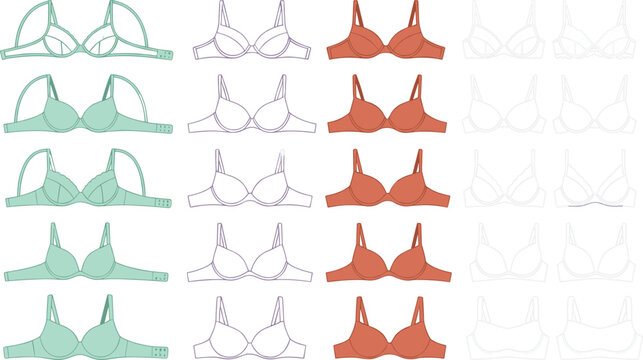 Women Lingerie and Intimates Comprehensive Technical Flat Sketch Vector Template Matrix Featuring Diverse Bra Styles from Strappy Bralettes to Underwire Brassieres