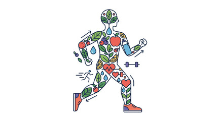 Fototapeta premium Healthy Lifestyle Human Figure Composed of Fruits, Vegetables, Water and Fitness Icons, Isolated