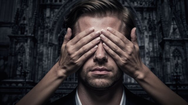 Man with Hands Over His Eyes in Dark Gothic Background