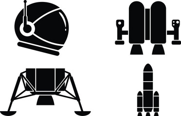 Black silhouette space exploration vector icon set featuring astronaut helmet lunar module and rocket ship © SAIFUL