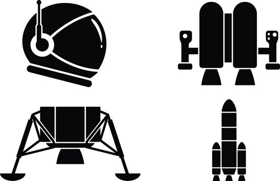 Black silhouette space exploration vector icon set featuring astronaut helmet lunar module and rocket ship