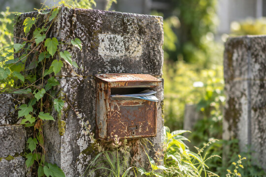 Rusted mailbox stuffed with old flyers at the gate of an abandoned house in Okinawa Japan, close-up of a vacant property