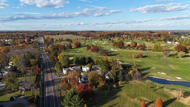 Autumn Aerial View of Route 52 and Golf Course in Greenville, Delaware
