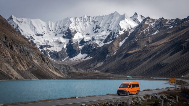 Van Adventure by a Glacial Lake and Majestic Mountain Range