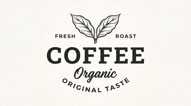 Vintage organic coffee logo badge with hand drawn leaves on beige