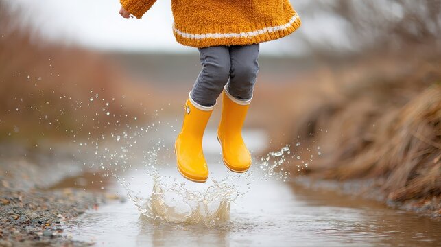 Child wearing yellow rubber boots jumping into a puddle on a rainy autumn day with motion splash