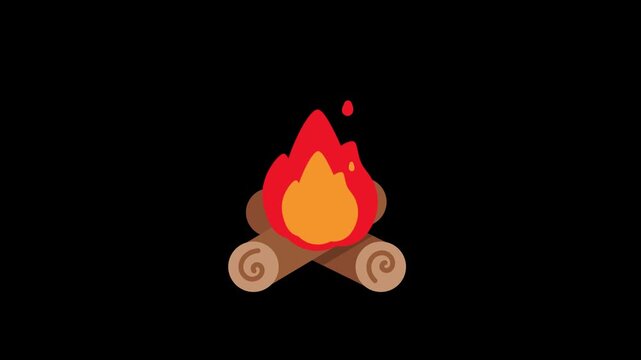 Vibrant graphic icon of a burning campfire with red and orange flames and wooden logs
