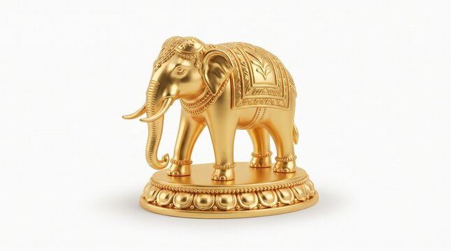 Golden elephant figurine with ornate decorative details, luxury brass elephant statue for home decor, metallic gold animal sculpture on pedestal isolated PNG with Transparent Background
