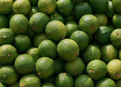 Close up view of fresh green limes piled