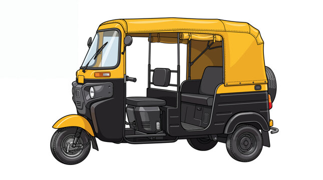 Yellow and Black Auto Rickshaw Vector Illustration of Indian Three Wheeler Taxi