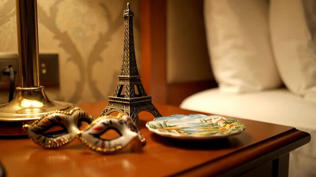 Parisian mask with Eiffel Tower souvenir and decorative plate on nightstand with cozy bed setting mood
