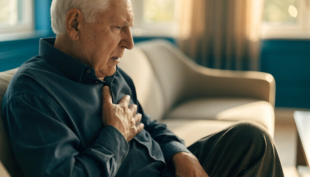 Senior Man Experiencing Chest Pain at Home &ndash; Heart Health and Medical Emergency Concept