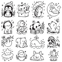 Obraz premium Collection of hand-drawn cartoon animals for coloring pages and design.