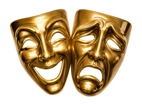 Gold comedy and tragedy masks on black background, luxury solated on transparent background