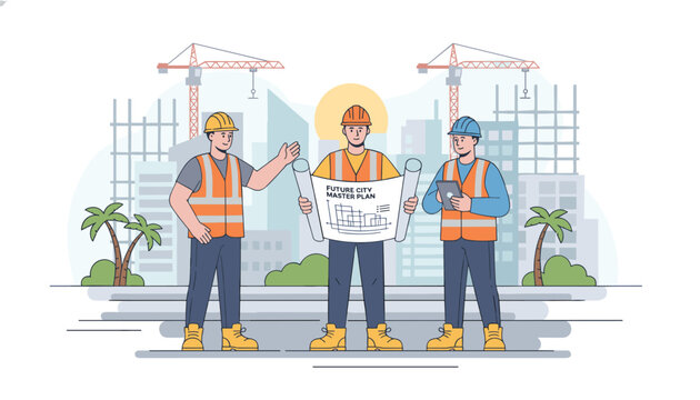 Team of professional construction workers and engineers reviewing a city master plan blueprint at a building site.