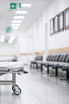 Empty hospital stretcher in sterile corridor