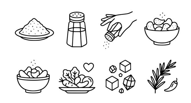 Salt Line Icons Set &ndash; Salt Shaker, Seasoning, Chips and Low Sodium Food Vector Collection