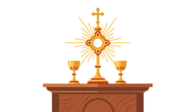 Golden monstrance displaying holy eucharist sits on wooden altar alongside two sacramental communion chalices.