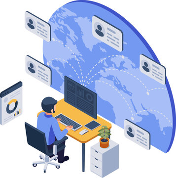 Isometric Solo Entrepreneur Communicating with Clients Worldwide