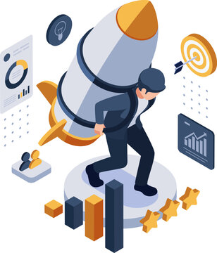Isometric Solo Entrepreneur Carrying Business Rocket for Growth Success