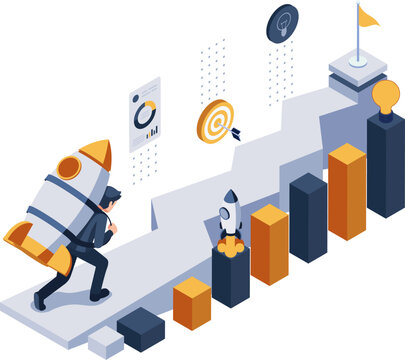 Isometric Solo Entrepreneur Carrying Business Rocket Toward Success