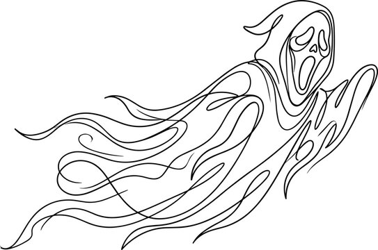 Line art style ghost flying fast wearing hooded cloak isolated on white background.