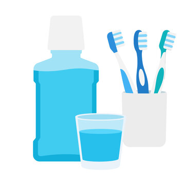 Dental hygiene items with toothbrushes and mouthwash