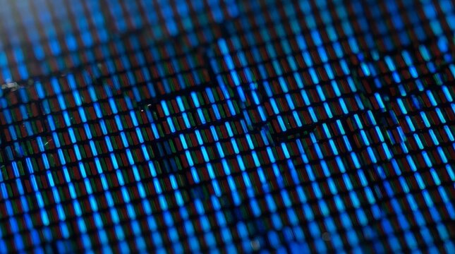 Macro Close-up of a Digital Screen Display Showing Individual RGB Pixels and Subpixels, Revealing a Blue Light Pattern