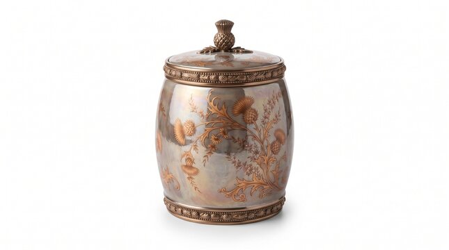 Antique silver tea caddy with ornate floral engravings, vintage metallic storage canister with lid, decorative victorian style silver jar isolated PNG with Transparent Background