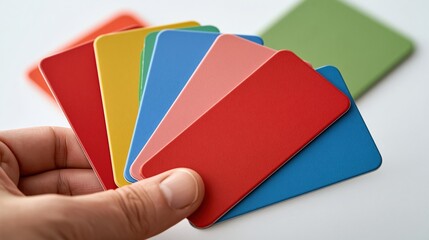 Fototapeta premium Hand holding fanned colorful paint sample cards