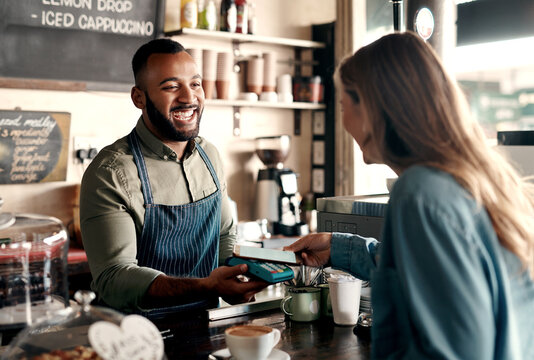 Customer, cashier and phone with pos machine in cafe for wireless transaction or checkout payment. Happy man, woman and cashless tap with smartphone for fintech, banking app or order in coffee shop