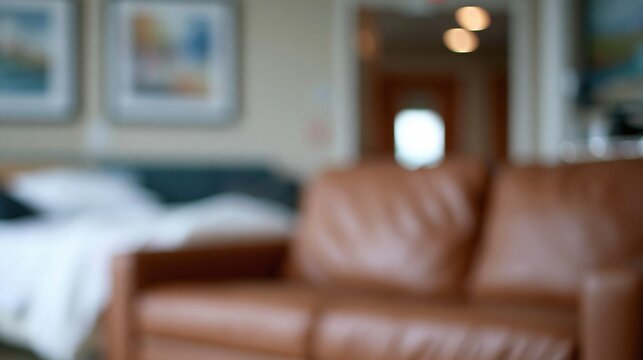 Blurred brown leather sofa in hotel room