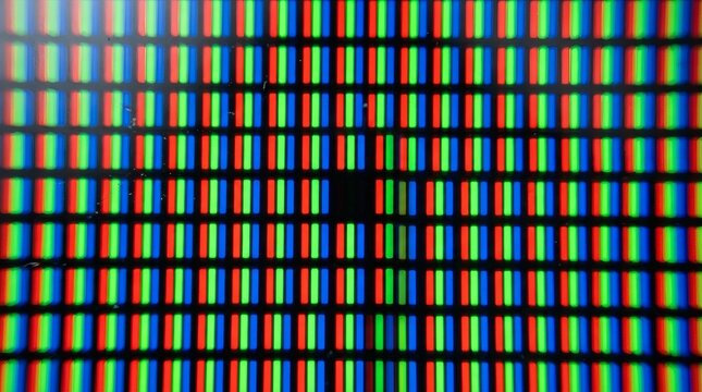Macro Close-up of Digital Screen Pixels Showing Red Green and Blue Subpixel RGB Matrix Structure
