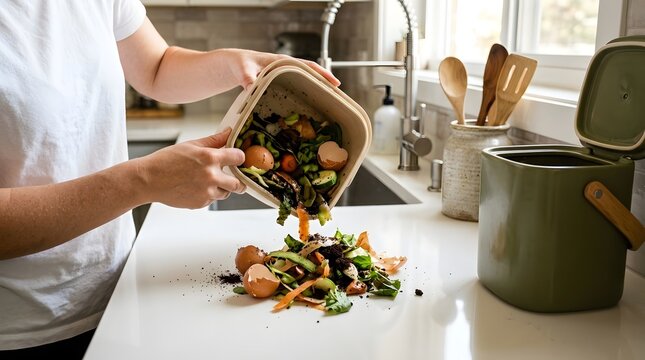A woman emptying organic food scraps and vegetable peels onto a white kitchen counter for composting, promoting a zero-waste lifestyle and environmental sustainability at home.