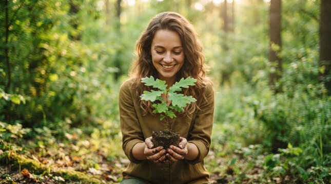 Woman holding oak sapling in forest with sunlight filtering through trees