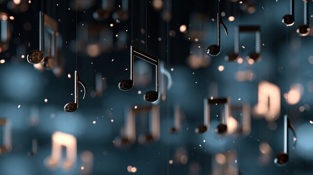 Metallic musical notes suspended in blue bokeh light