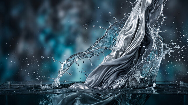 Luxurious silk fabric splashing into water with dynamic droplets