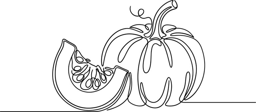 Continuous line drawing of a pumpkin with a slice showing seeds and stem.