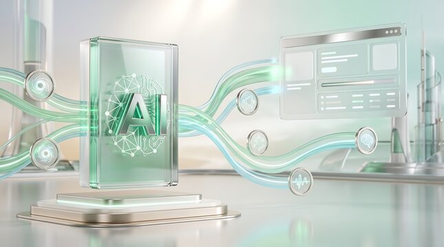 Artificial intelligence processor chip integrated into digital dashboard with glowing data streams and virtual interface icons for seamless connectivity and automated information flow