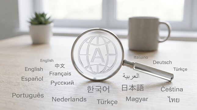 Magnifying glass focusing on a global language translation concept